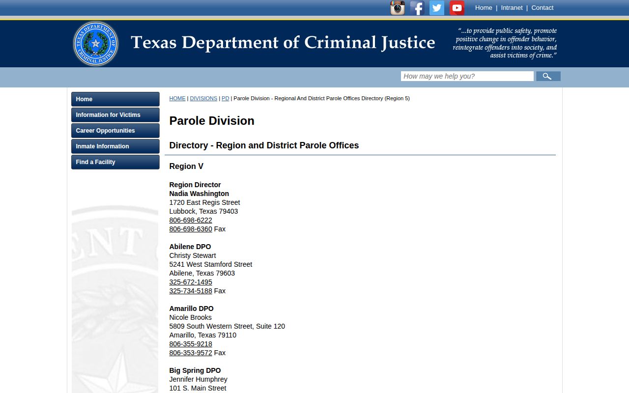 Fisher County parole release Abilene district office directory