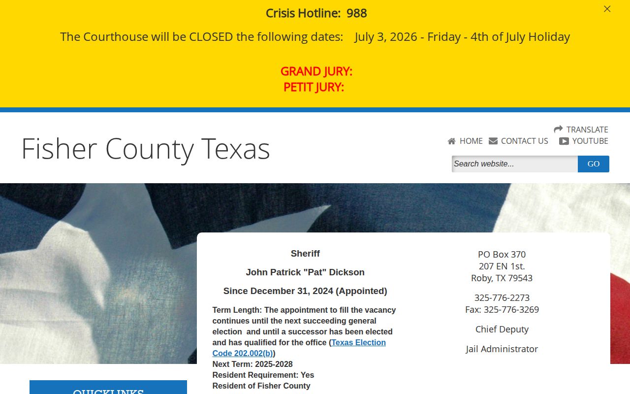 Fisher County 24-hour release sheriff contact and legacy notification page
