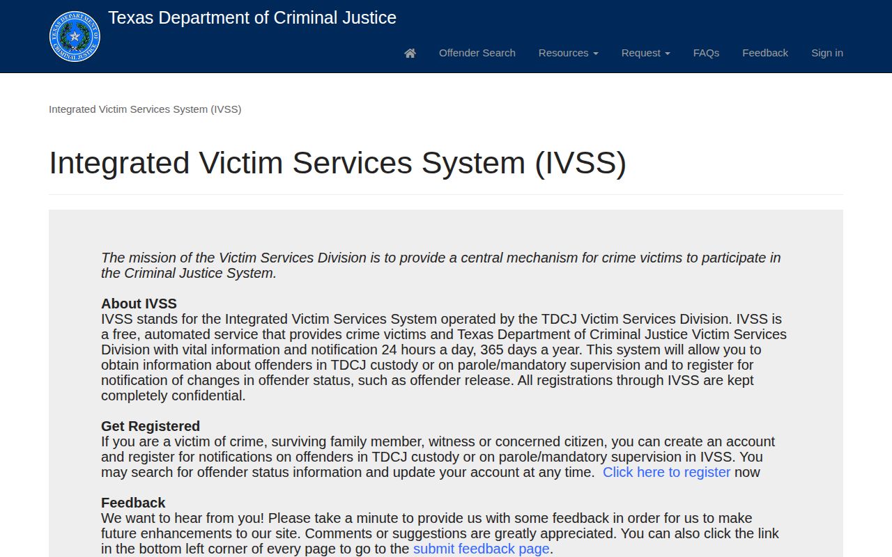 TDCJ IVSS notification registration screen for a Fisher County state offender
