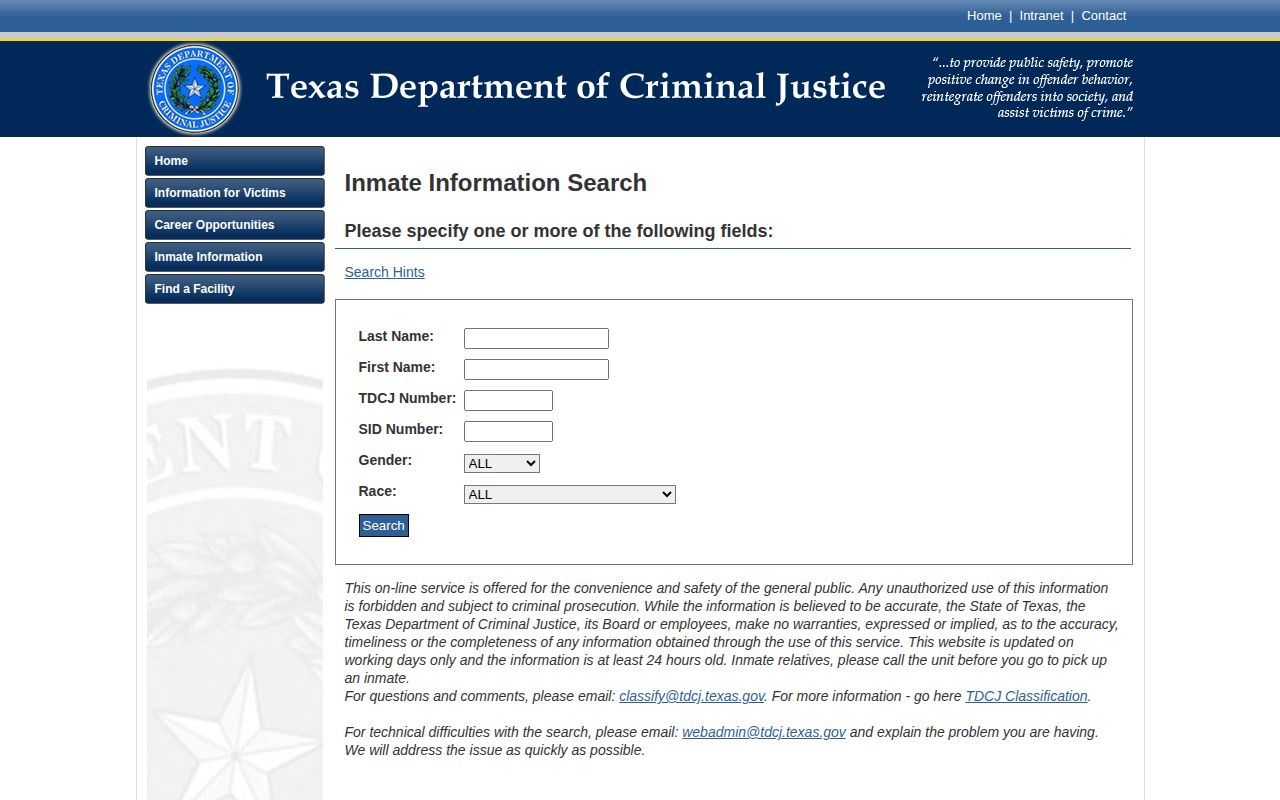TDCJ search for Fisher County released inmates and discharge records